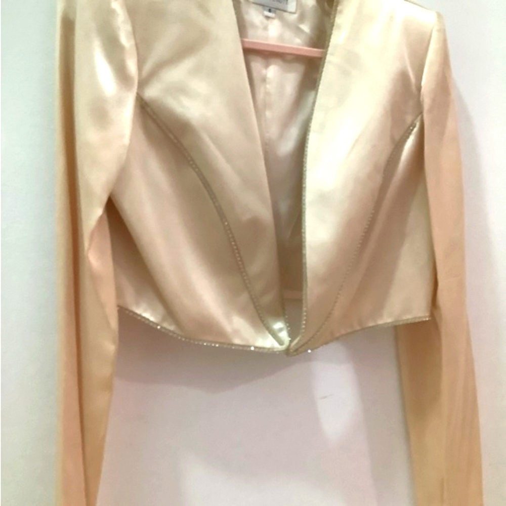 Vintage Cream Satin Crop Cocktail Jacket with Rhinestones
